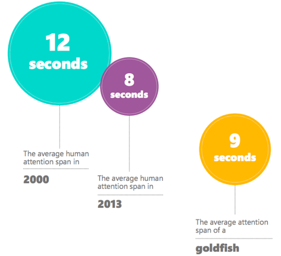 Statistics showing the Attention span of Human beings today. You would be shocked that we humans have attention span of 8 seconds while a goldfish has of 9 seconds. So a goldfish has more attention span than us humans.