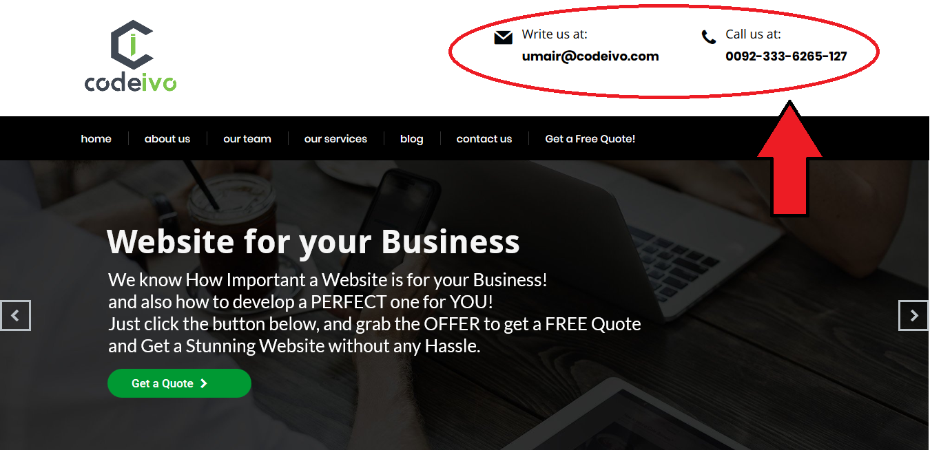 A screenshot of Codeivo.com (our own website) showing how much we value the Contct info as we listed it on the hom page too.