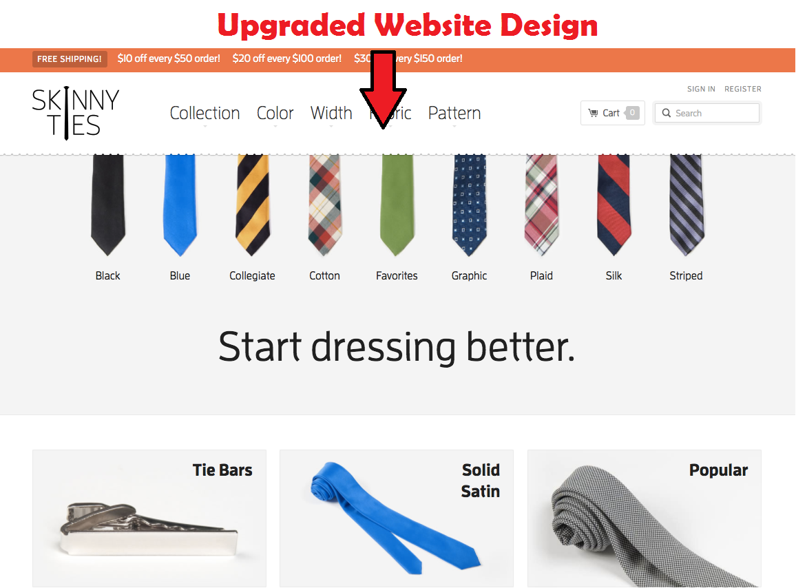 The new website design of SKinnyties.com after they developed it. The picture shows how graceful this design looks compared to old one.