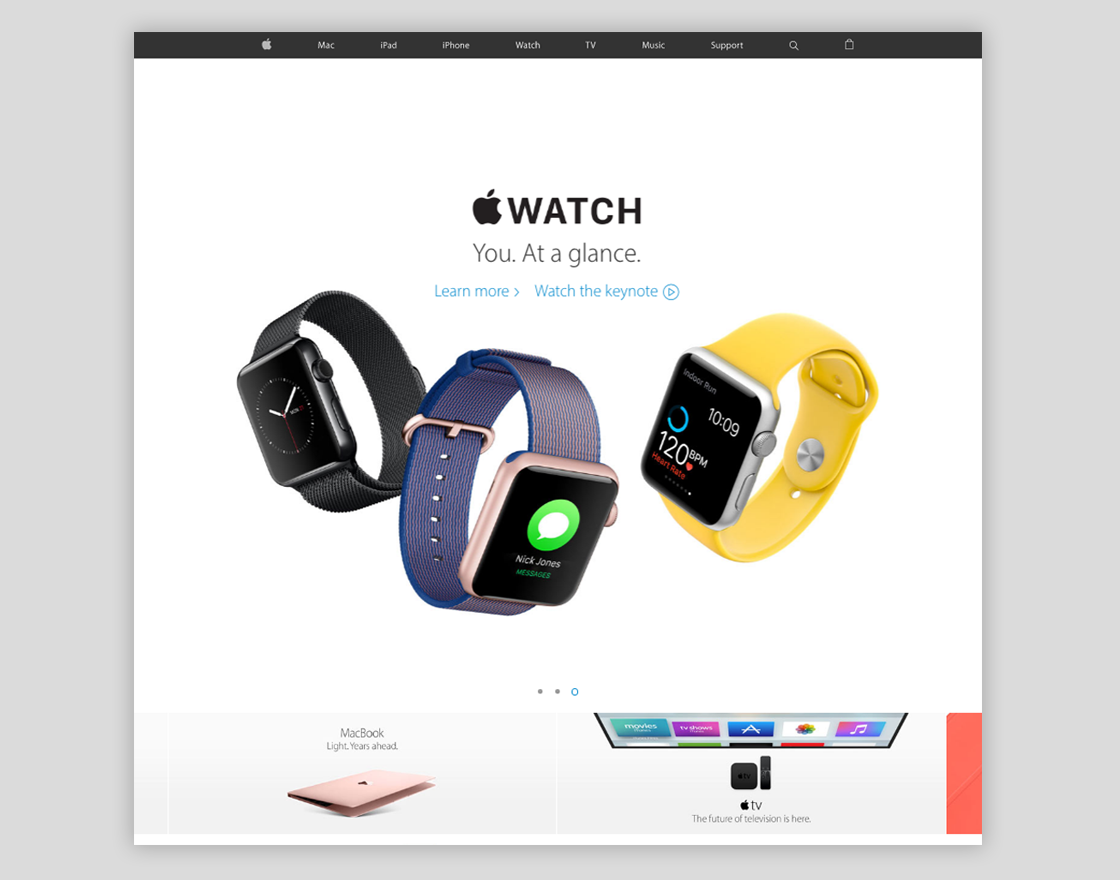 The WebPage of Apple.com shwoing how they use White spaces while presenting their Apple watches.