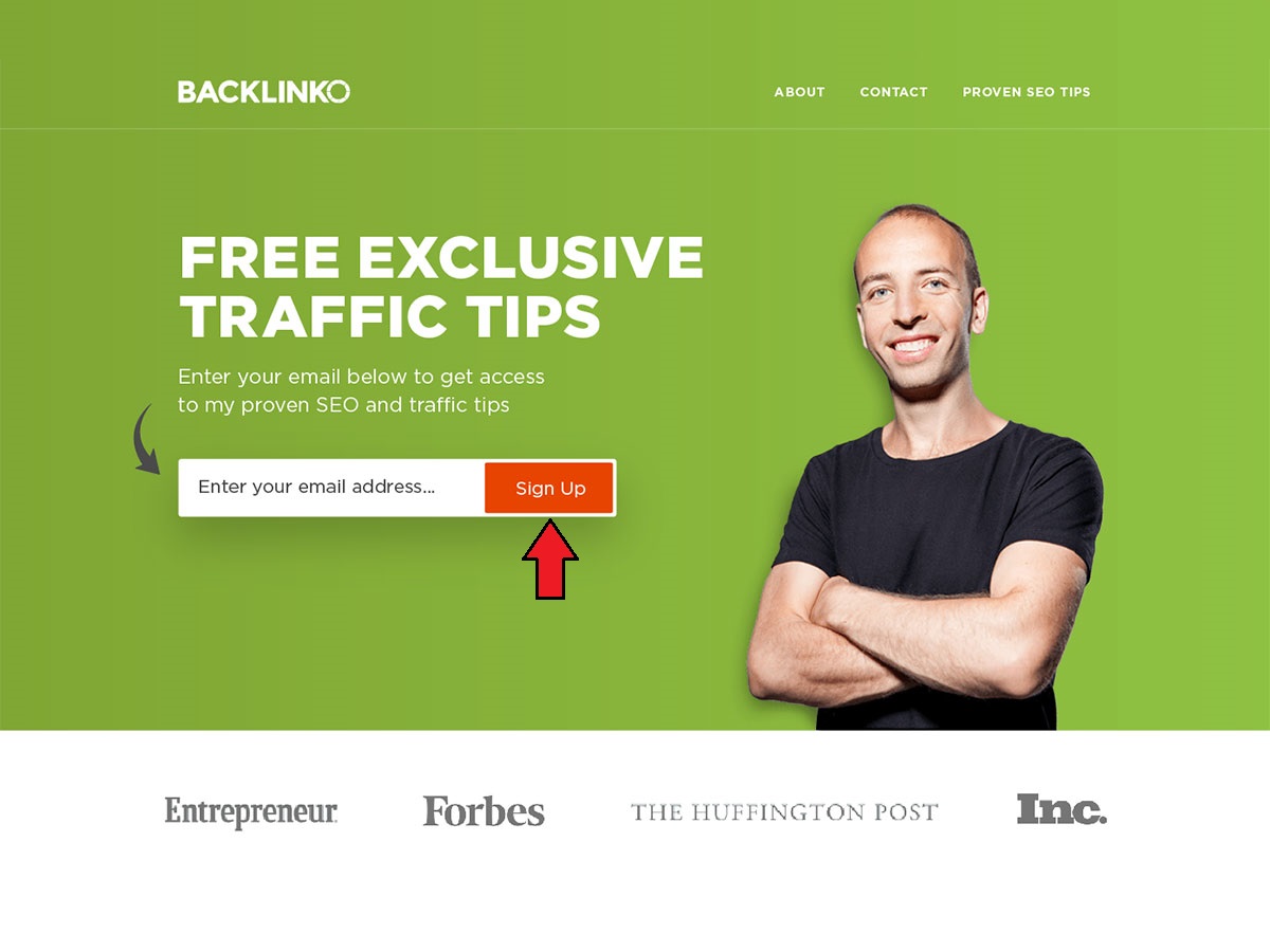 The Home page of Brian Dean's Backlinko.com showing how a certain color can be associated to a brand.