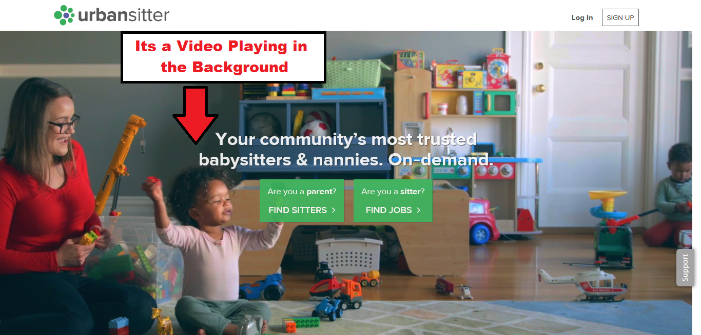 UrbanSitters website in 2018 with a Homepage having a Video playing in the Background.