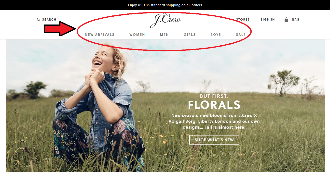 JCrew Website home page showing how they have done Navigation on their website