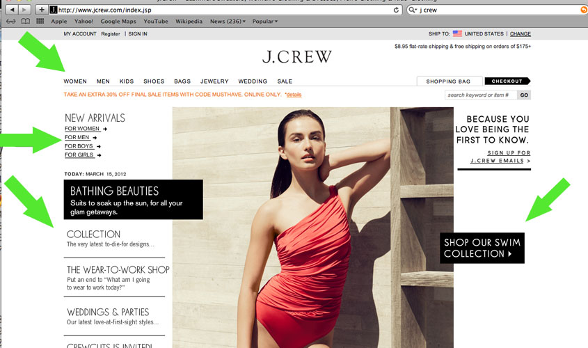 Jcrew old website design showing bad format and navigation. Their Website had too mcu information and pages listed everywhere.